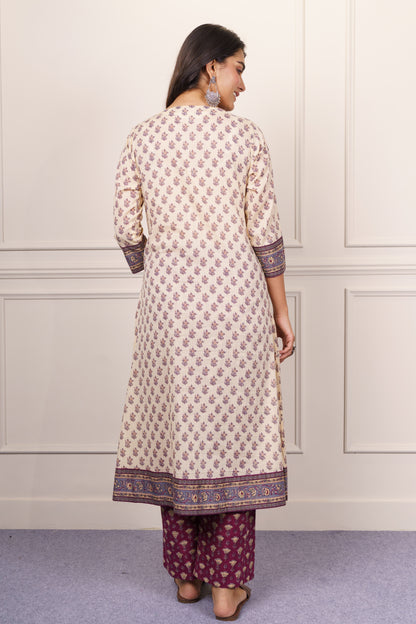 Off-White Base Purple Maroon Kurta Set-KS848