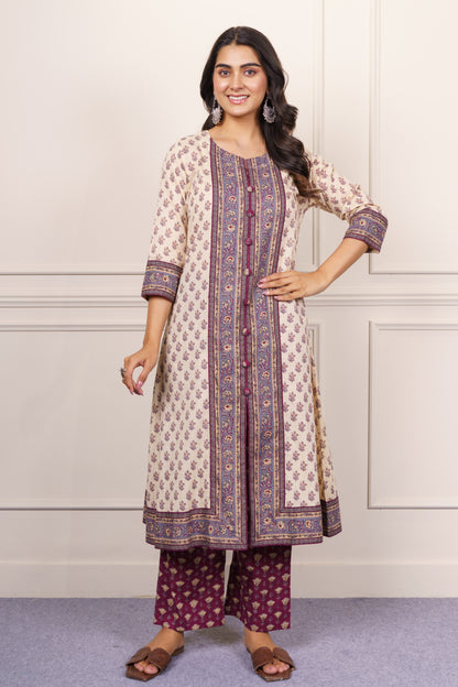 Off-White Base Purple Maroon Kurta Set-KS848