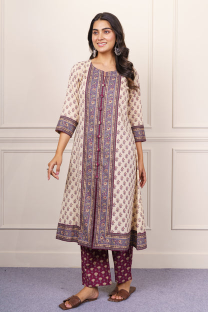 Off-White Base Purple Maroon Kurta Set-KS848