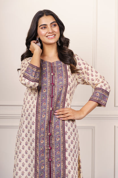 Off-White Base Purple Maroon Kurta Set-KS848