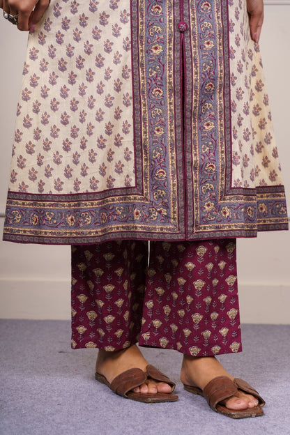 Off-White Base Purple Maroon Kurta Set-KS848