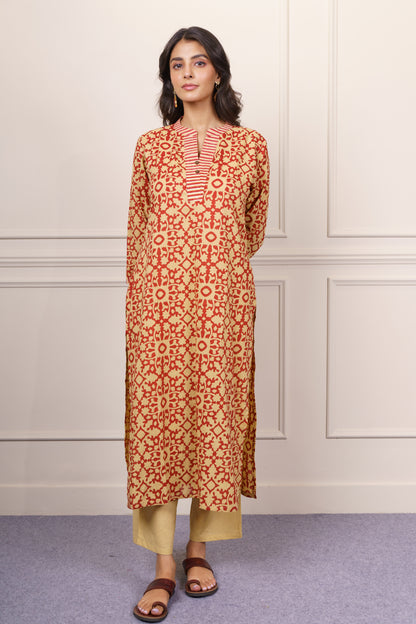 Mustard Red Geometric Cotton Kurta-KS842