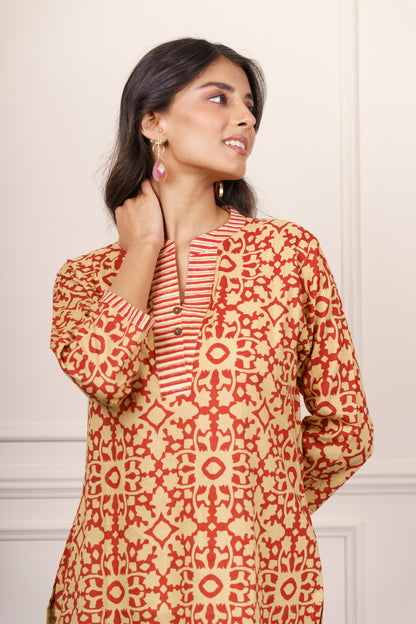 Mustard Red Geometric Cotton Kurta-KS842