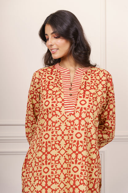 Mustard Red Geometric Cotton Kurta-KS842