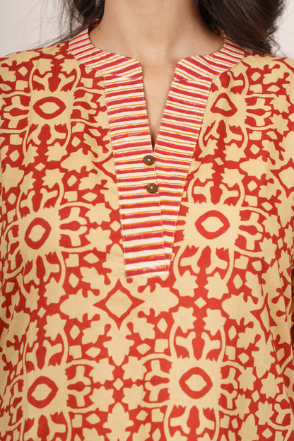 Mustard Red Geometric Cotton Kurta-KS842