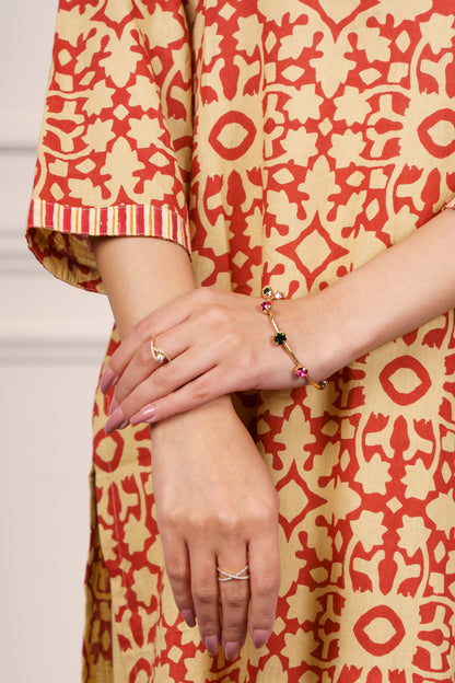 Mustard Red Geometric Cotton Kurta-KS842