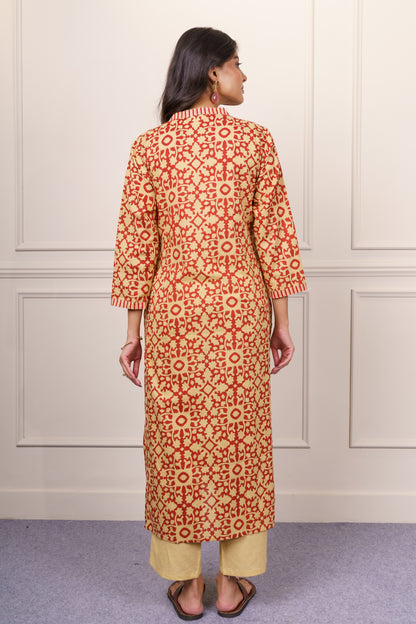 Mustard Red Geometric Cotton Kurta-KS842