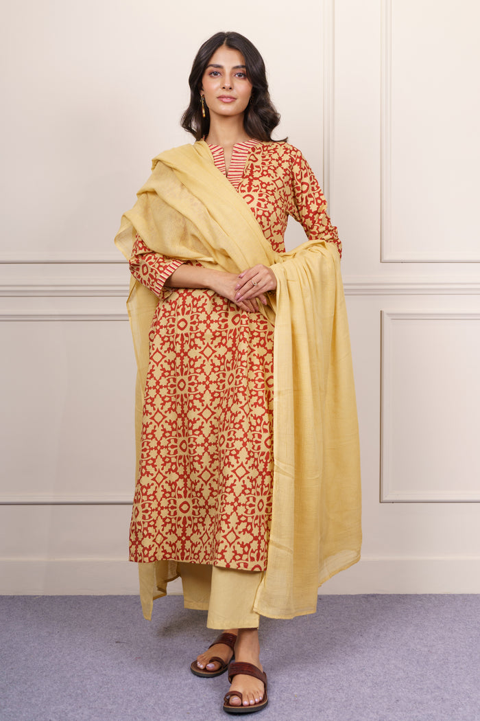 Mustard Red Geometric Cotton Kurta Dupatta Set-KS866