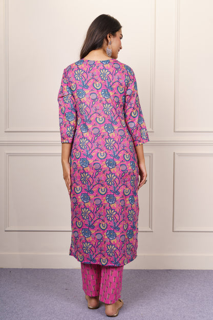 Pink and Blue Floral Cotton Kurta Dupatta Set-KS865