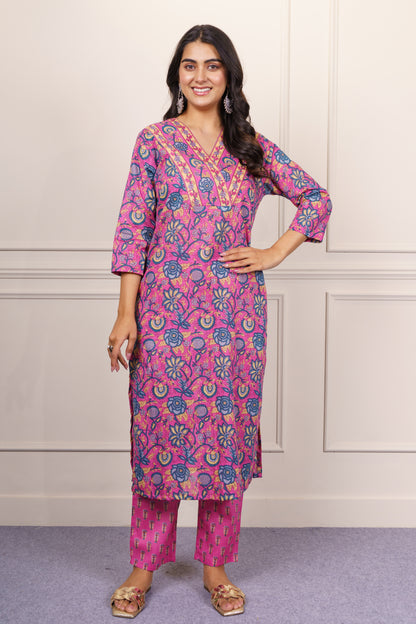 Pink and Blue Floral Cotton Kurta Set-KS857