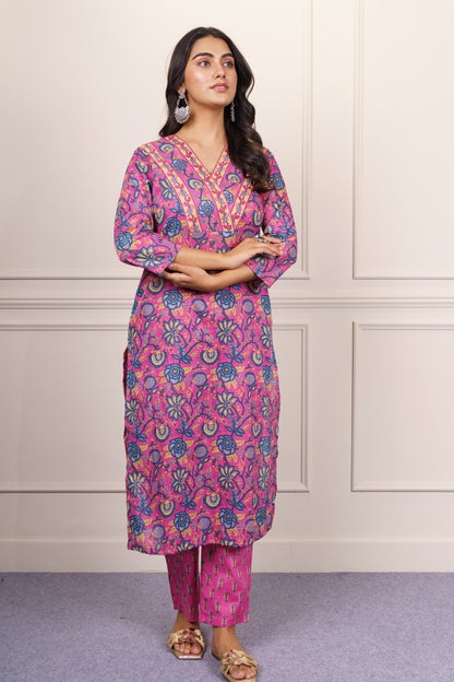 Pink and Blue Floral Cotton Kurta Set-KS857