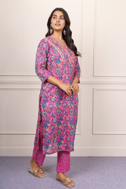 Pink and Blue Floral Cotton Kurta Set-KS857