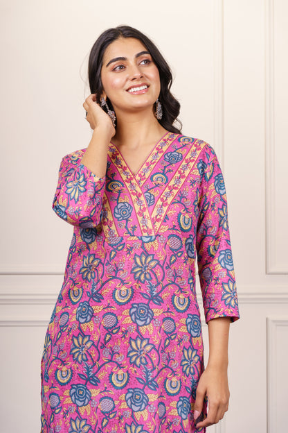 Pink and Blue Floral Cotton Kurta-KS841