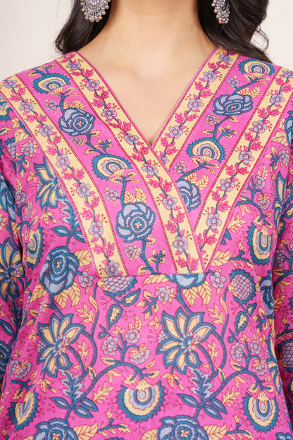 Pink and Blue Floral Cotton Kurta-KS841