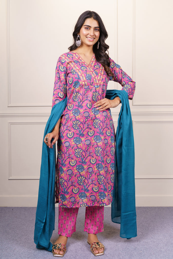 Pink and Blue Floral Cotton Kurta Dupatta Set-KS865