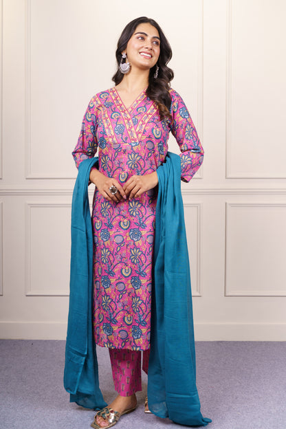 Pink and Blue Floral Cotton Kurta Dupatta Set-KS865