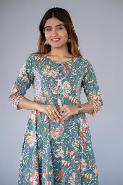 GREEN BLOCK PRINTED ANARKALI KURTA -NVKS766