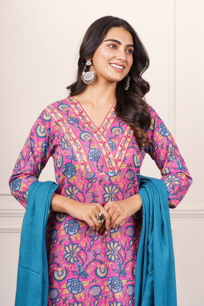 Pink and Blue Floral Cotton Kurta Dupatta Set-KS865