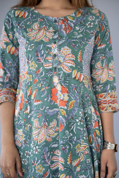 GREEN BLOCK PRINTED ANARKALI KURTA -NVKS766