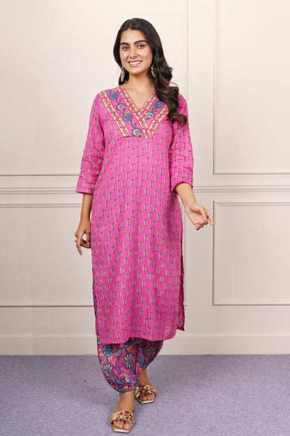 Vibrant Pink Cotton Kurta Set-KS845