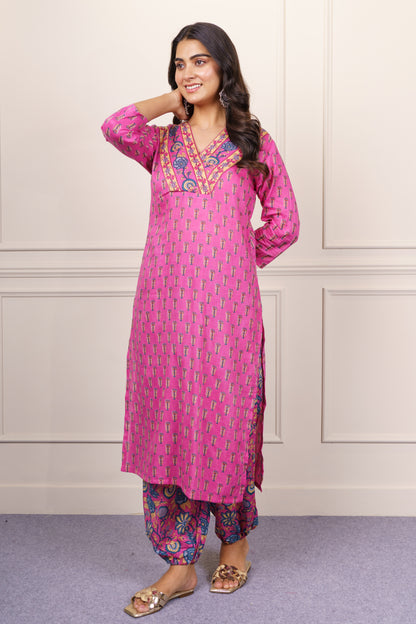 Vibrant Pink Cotton Kurta Set-KS845