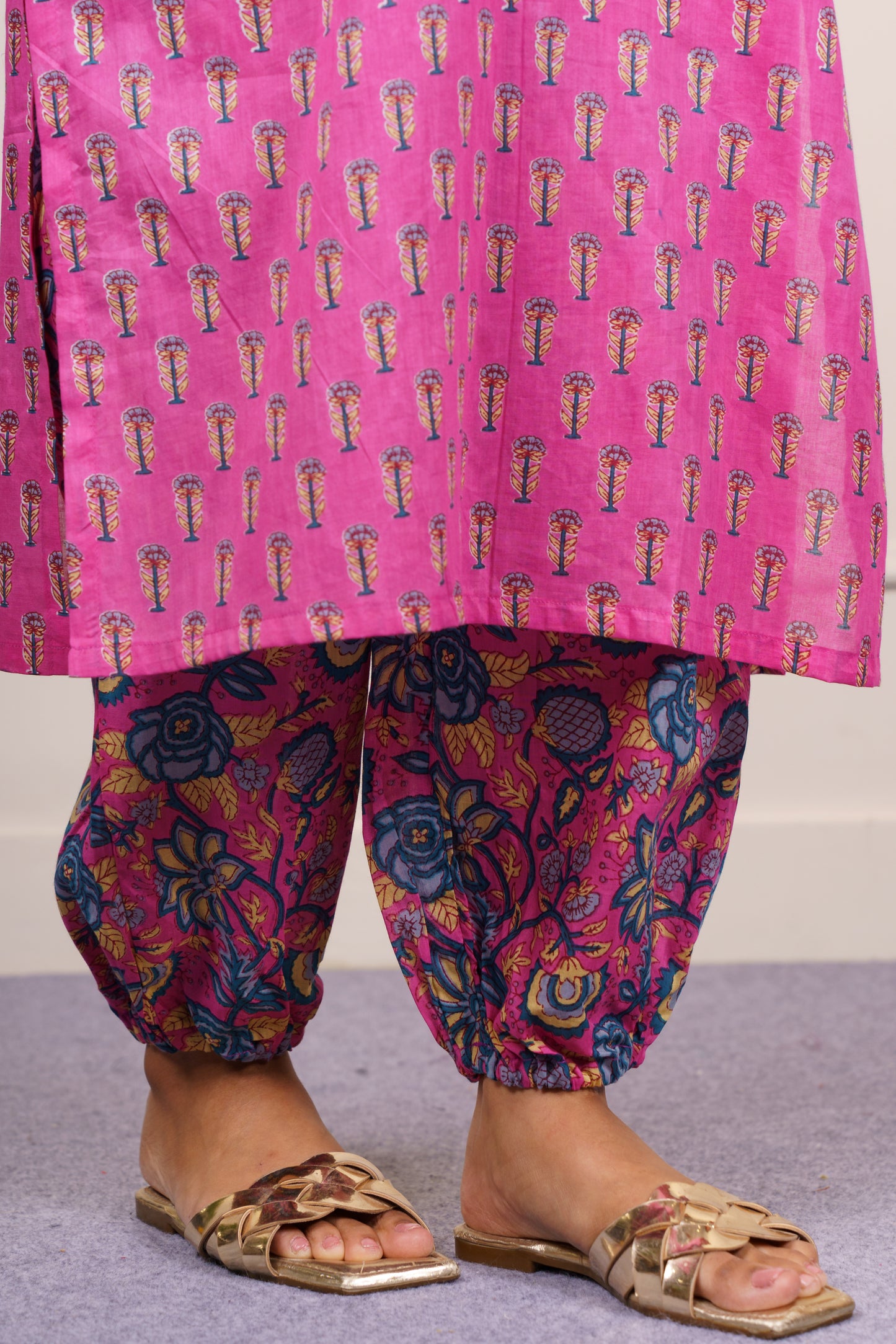 Vibrant Pink Cotton Kurta Dupatta Set-KS861