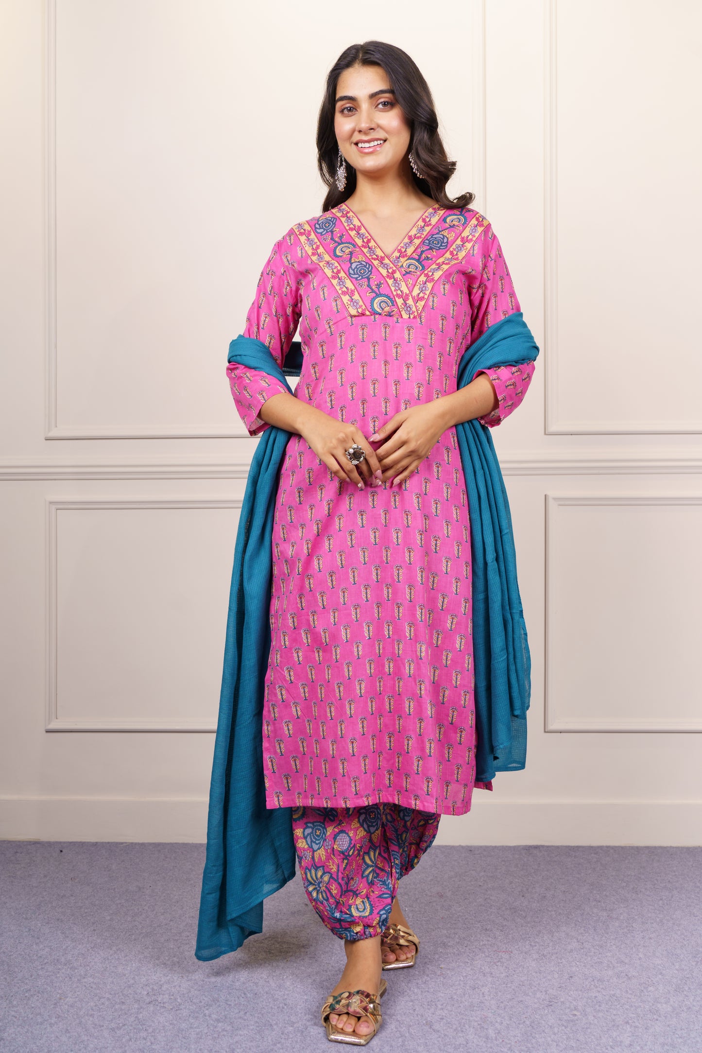 Vibrant Pink Cotton Kurta Dupatta Set-KS861