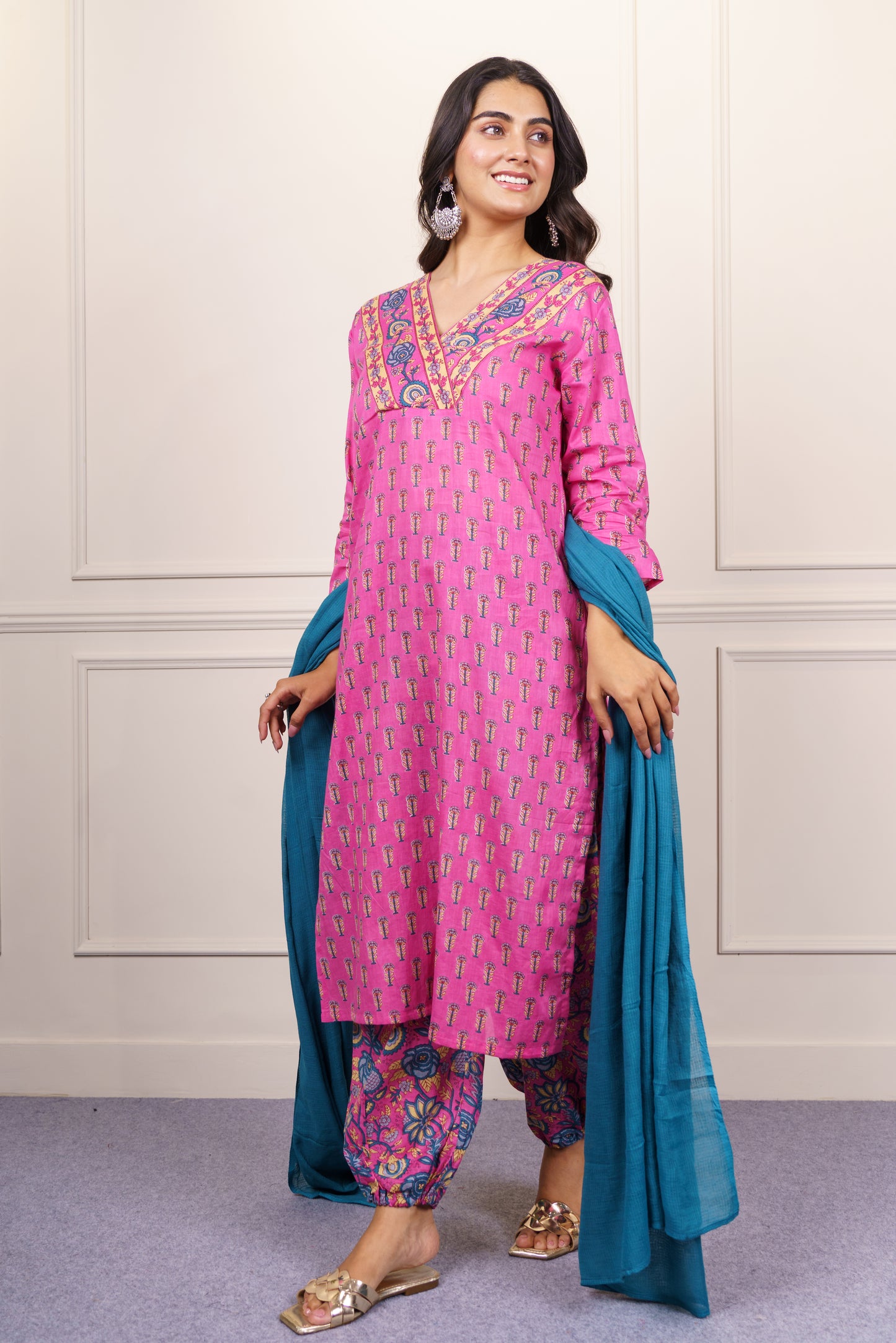 Vibrant Pink Cotton Kurta Dupatta Set-KS861