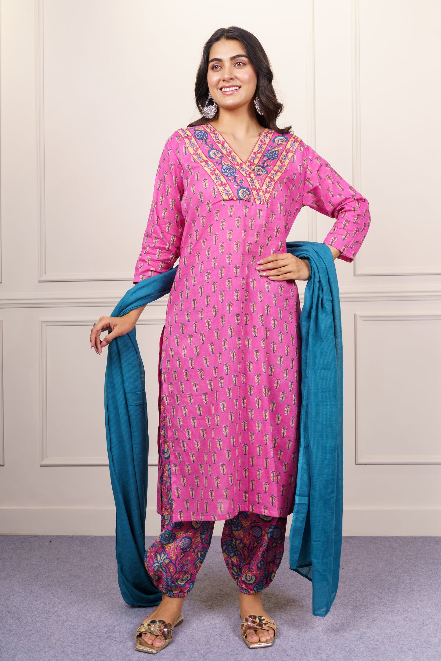 Vibrant Pink Cotton Kurta Dupatta Set-KS861