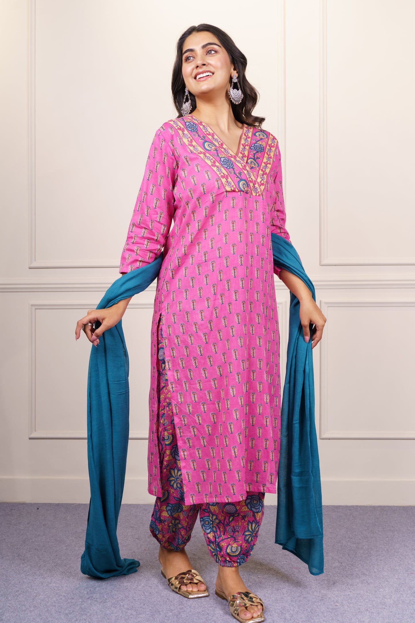 Vibrant Pink Cotton Kurta Dupatta Set-KS861