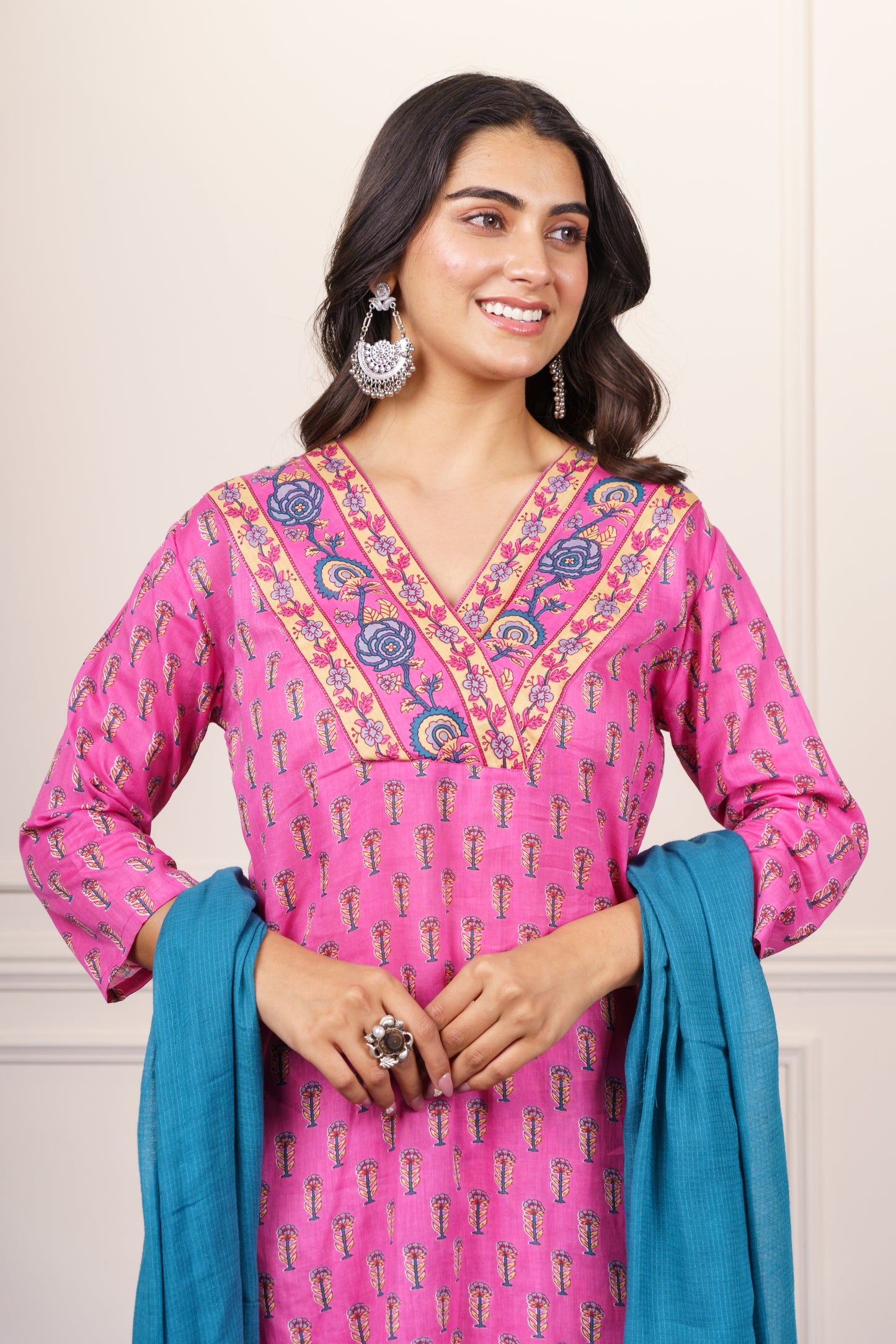 Vibrant Pink Cotton Kurta Dupatta Set-KS861