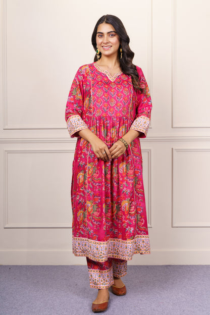 Fuchsia Floral Flared Cotton Kurta-KS840