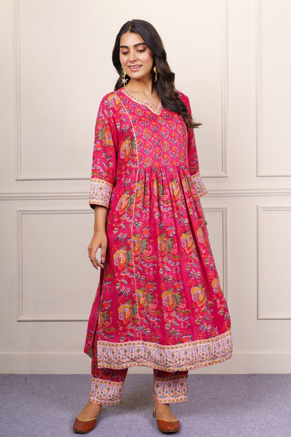 Fuchsia Floral Flared Cotton Kurta Set-KS856