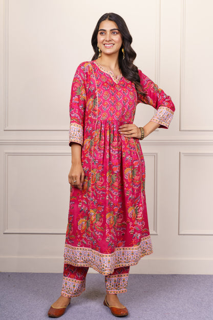 Fuchsia Floral Flared Cotton Kurta Set-KS856