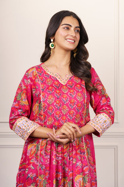 Fuchsia Floral Flared Cotton Kurta-KS840