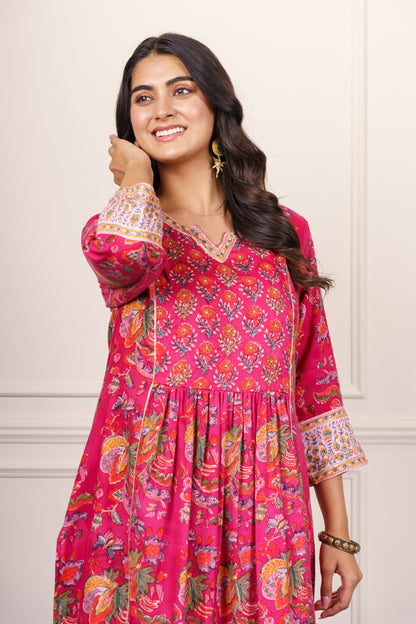 Fuchsia Floral Flared Cotton Kurta-KS840