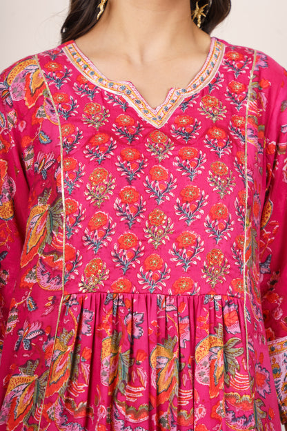 Fuchsia Floral Flared Cotton Kurta-KS840