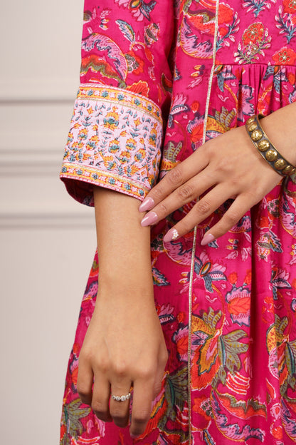 Fuchsia Floral Flared Cotton Kurta-KS840