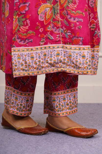 Fuchsia Floral Flared Cotton Kurta Set-KS856