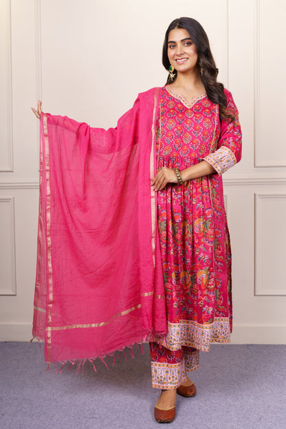 Fuchsia Floral Flared Cotton Kurta Dupatta Set-KS864