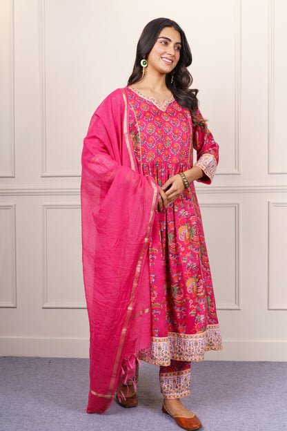 Fuchsia Floral Flared Cotton Kurta Dupatta Set-KS864