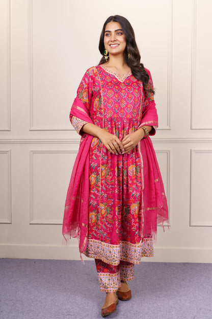 Fuchsia Floral Flared Cotton Kurta Dupatta Set-KS864