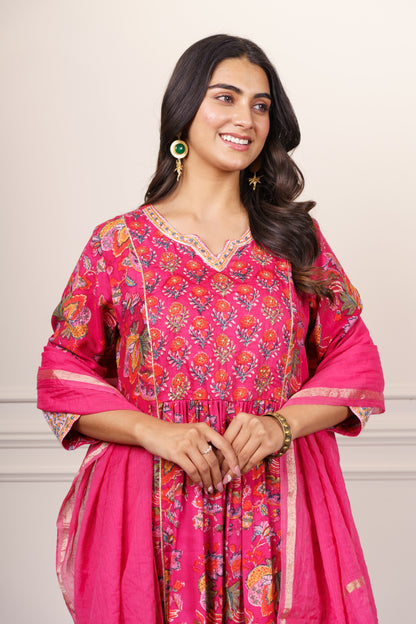 Fuchsia Floral Flared Cotton Kurta Dupatta Set-KS864