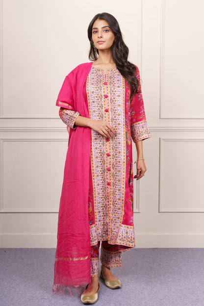 Deep Pink Floral Kurta Dupatta Set-KS862