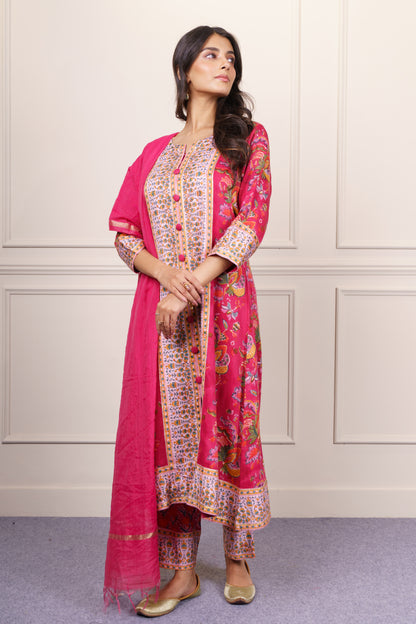 Deep Pink Floral Kurta Dupatta Set-KS862
