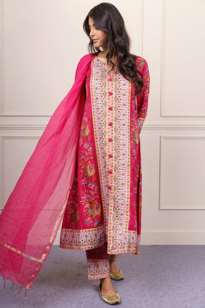 Deep Pink Floral Kurta Dupatta Set-KS862