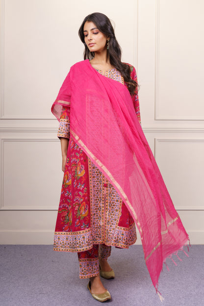 Deep Pink Floral Kurta Dupatta Set-KS862