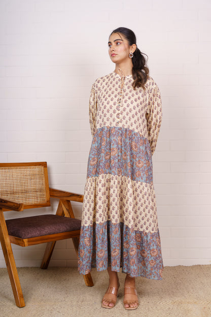 Vintage Block Tiered Maxi Dress-NFD81
