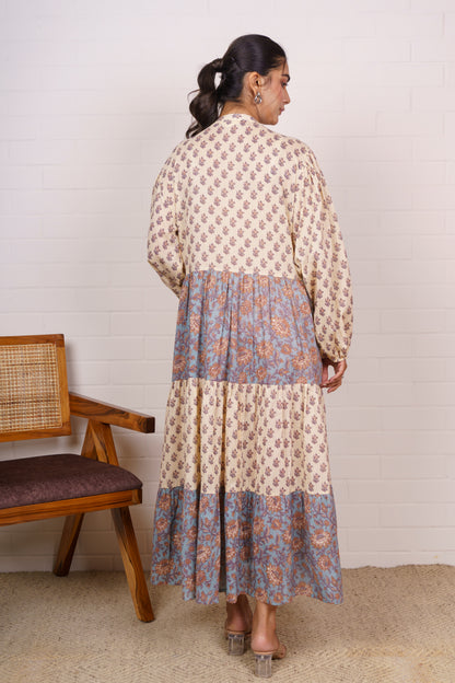 Vintage Block Tiered Maxi Dress-NFD81