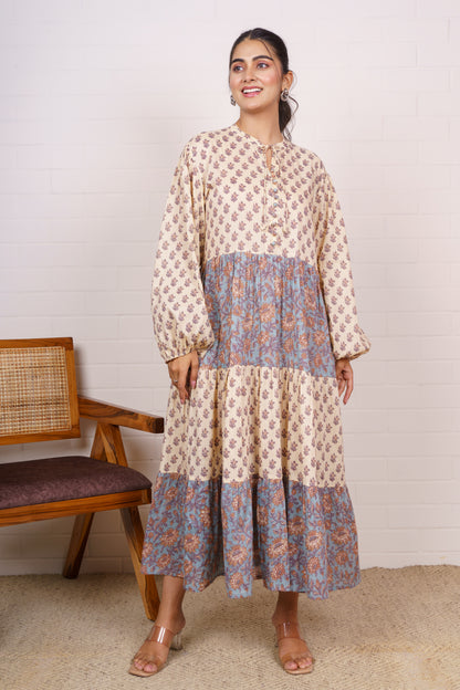Vintage Block Tiered Maxi Dress-NFD81
